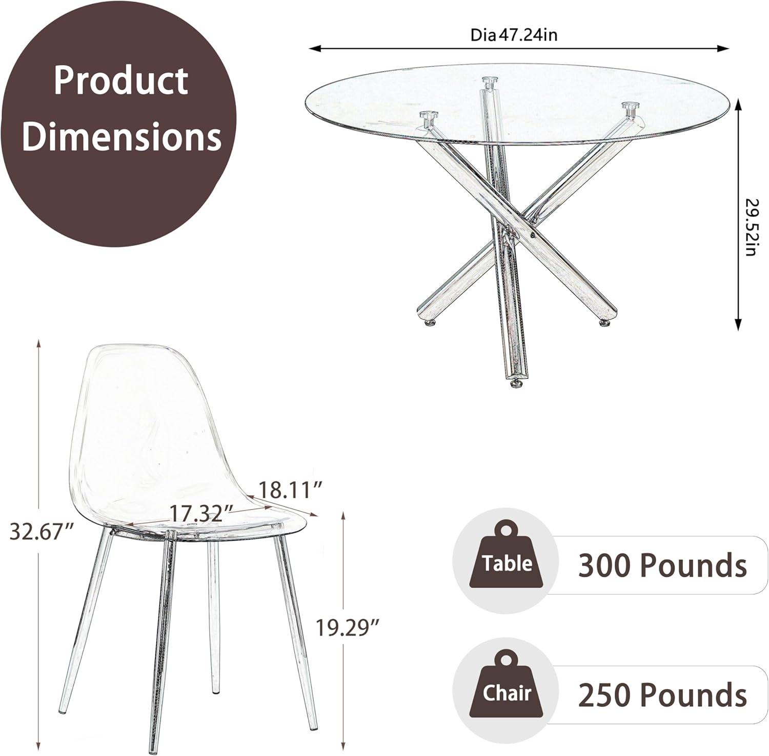 Baysitone Gold Round Glass Dining Table Set for 6, 47'' Circle Kitchen Table Set, Circular Dining Room Table Set, 7 PCS Modern Table and Chairs Set for Home Living Room, Clear Acrylic Chair