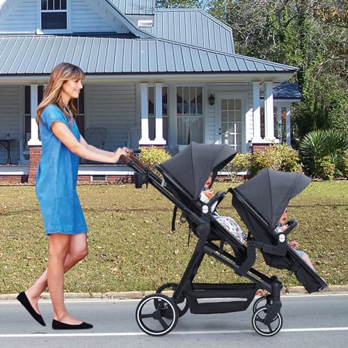 GAOMON Double Stroller Track Tandem Stroller for Infant and Toddler, Foldable Pushchair Bassinet Pram, Multi-Position Reversible & Adjustable Backrest, Large Storage Basket and Canopy, Light Gray