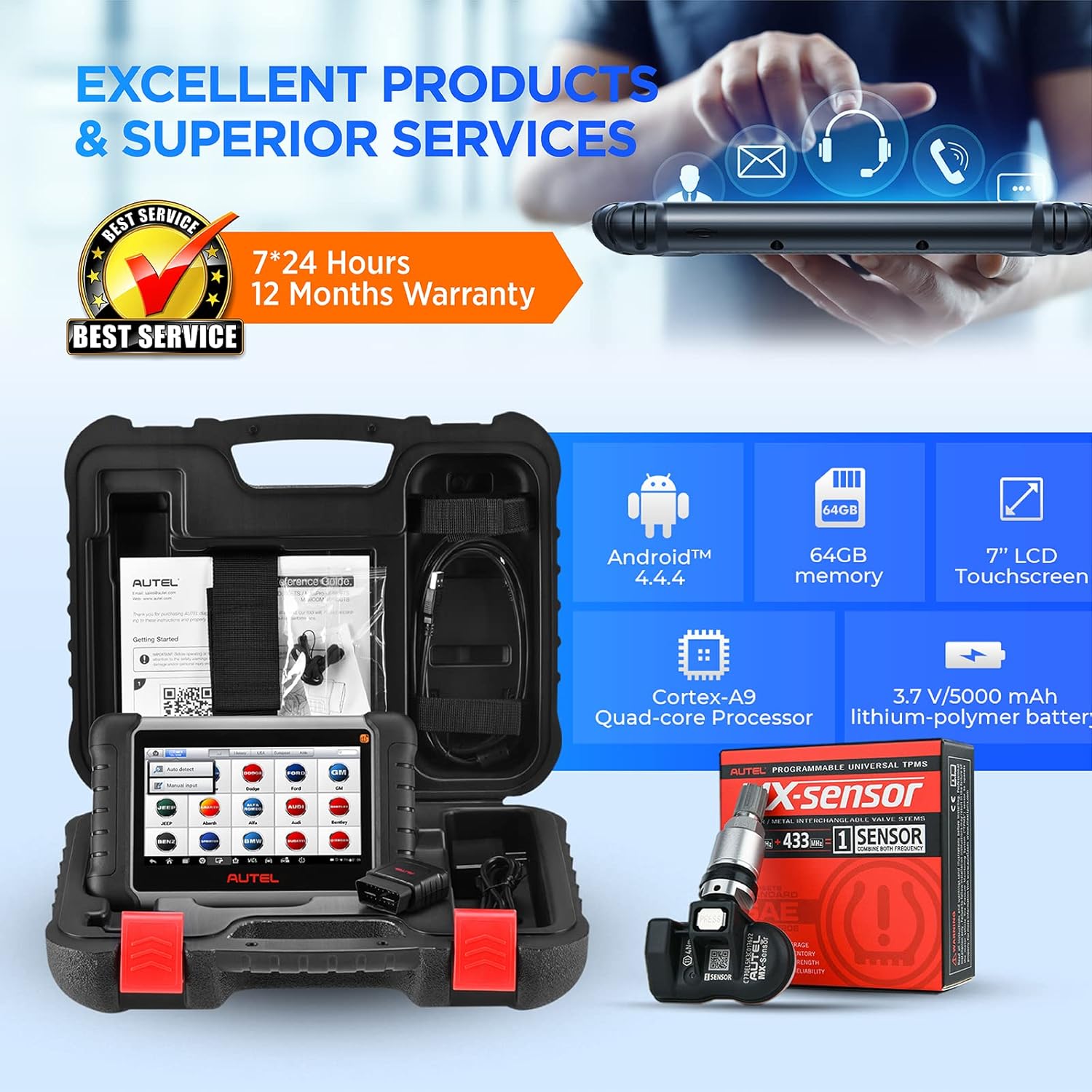 Autel Scanner MaxiCOM MK808TS + MX-Sensor, Combination of Autel MK808BT and TS608, OE-Level TPMS Scan Tool with 28+ Service Functions, All Systems Diagnoses, Activate/Program/Relearn TPMS Sensors