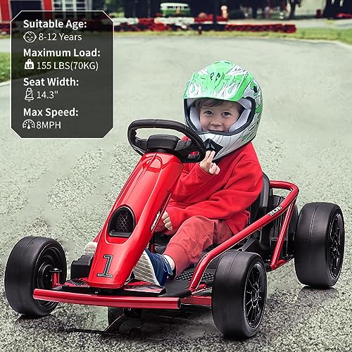 Go Kart for Kids,24V Battery 300WX2 Motors Pedal On Foot Go Cart,8MPH High Speed Drifting Car with Slow Start Function,Music, Horn,14.3" Wide Seat,Elastic Durable Tires,Max Load 1 Blue