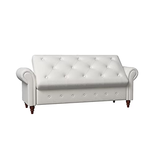 63" Long Storage Bench, Button Tufted Bed End Storage Bench with Rolled Arm and Solid Wood Legs, Upholstered Storage Ottoman Footrest for Bedroom Entryway Living Room, Space Saving, Blue