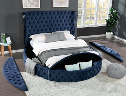 Queen Size Circle Platform Bed Frame with Bluetooth Speakers and USB, Velvet Tufted Upholstery Storage Bed Made with Wood, Storage Compartments in Rails and Footboard, Noise Free, Black