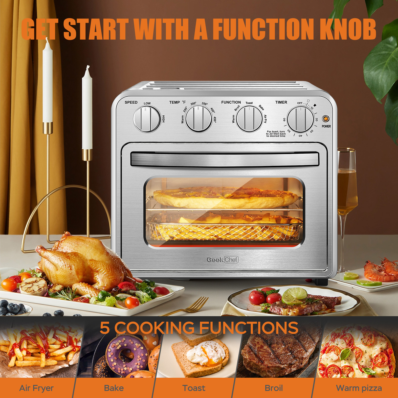 Air Fryer, 6 Slice 26QT/26L Air Fryer Fry Oil-Free, Extra Large Toaster Oven Combo, Air Fryer Oven, Roast, Bake, Broil, Reheat, Convection Countertop Oven, Accessories Included, Stainless St