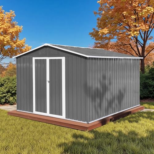 10 x 8 FT Outdoor Storage Shed, Metal Garden Tool Shed with Air Vents & Lockable Doors, Heavy-Duty Waterproof Small Bike shed Easy to Assemble for Garden, Lawn, Patio, Backyard, Grey