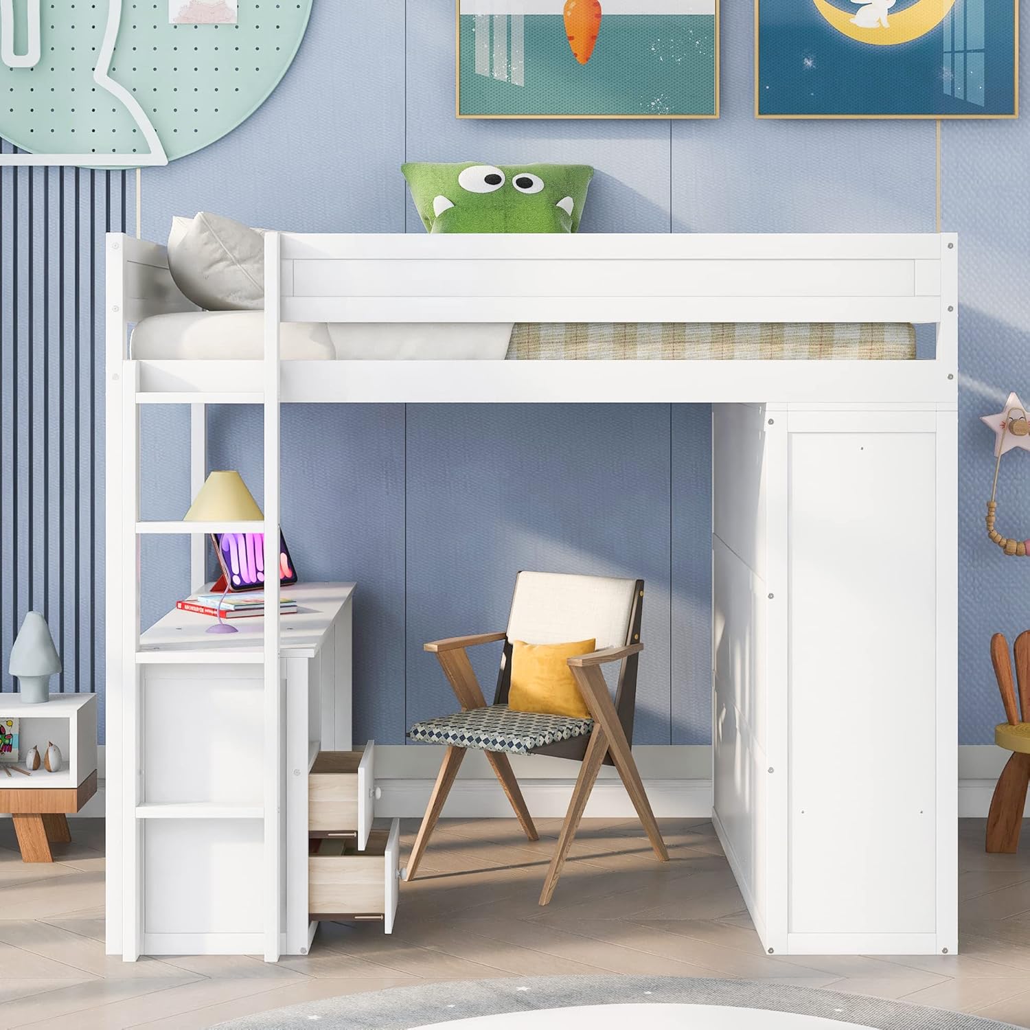 Harper & Bright Designs Full Loft Bed with Wardrobe and Desk, Wood Size with Storage Drawers and Cabinet for Girls Boys Teens,No Box Spring Needed,White (Cabinet),Full(Desk+Wardrobe+Drawers)