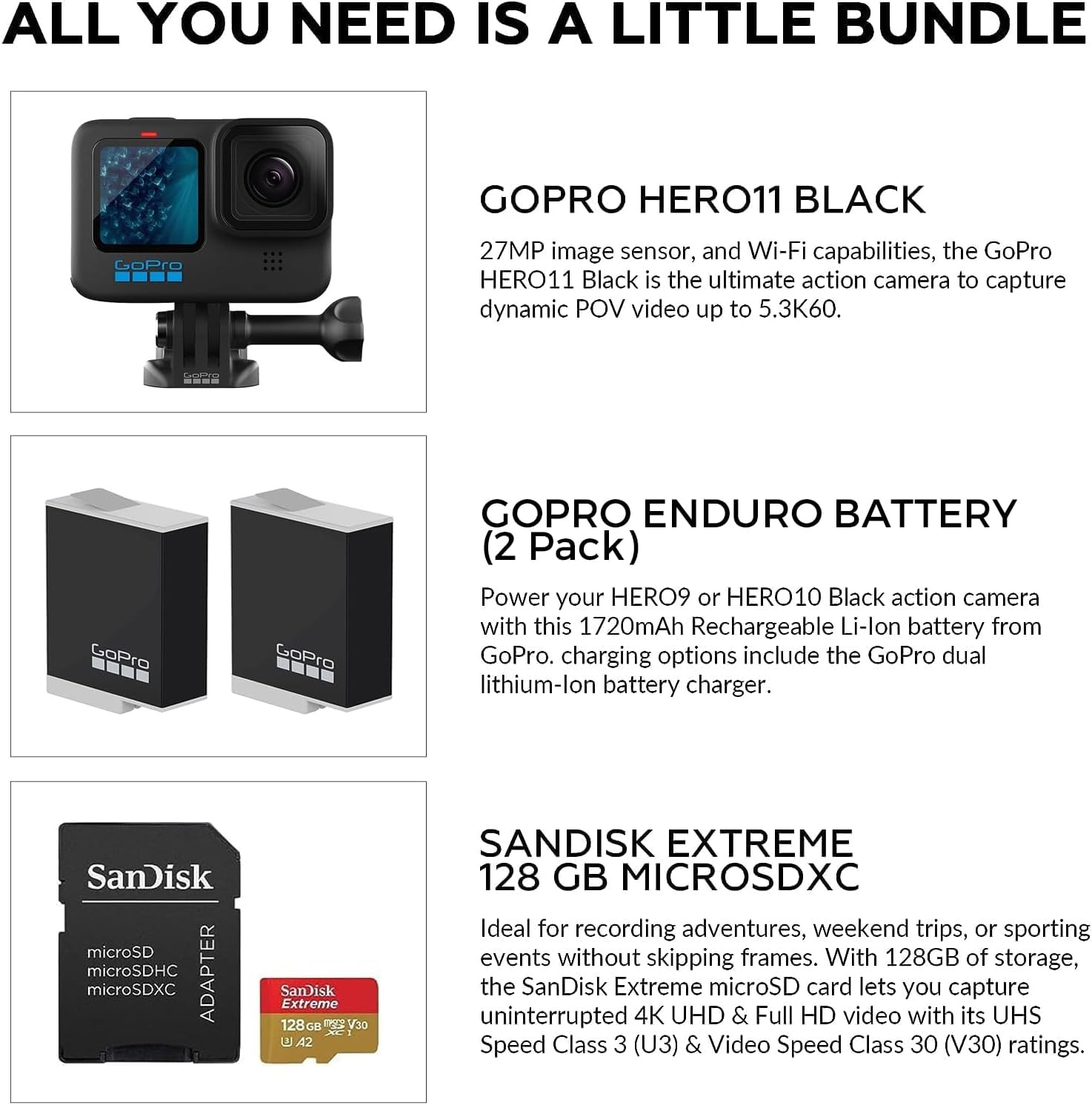 GoPro HERO11 Black 27MP Wi-Fi & Bluetooth Connectivity with Sandisk 128 GB Memory Card Enduro Rechargeable Battery (Bundle Set)