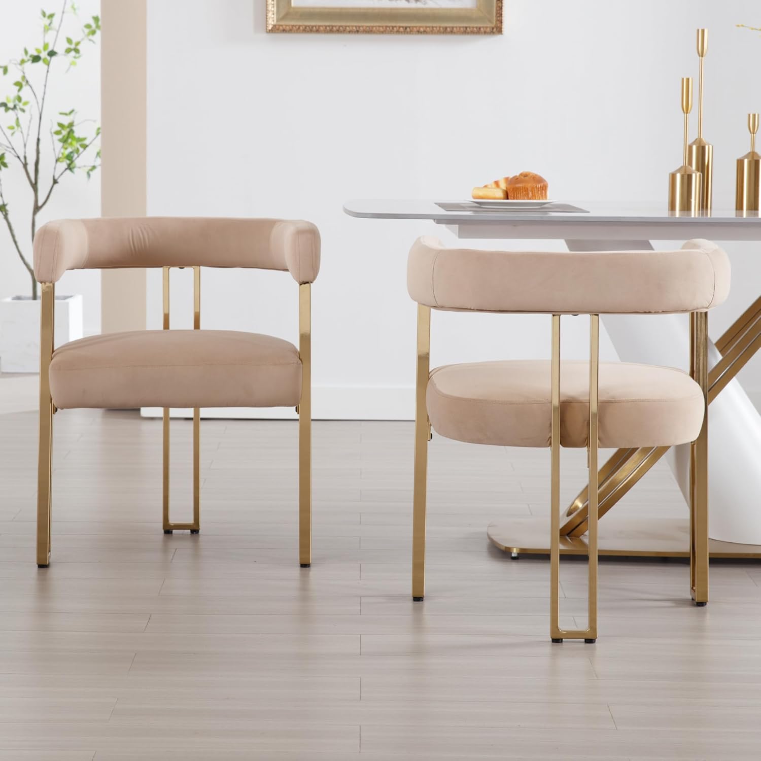 chairus Dining Chairs Set of 6, Modern Dining Chairs upholstered Kitchen Chairs Gold Metal Boucle Dining Chair with Hollow Back for Kitchen Dinning Room Restaurant - Velvet, Khaki