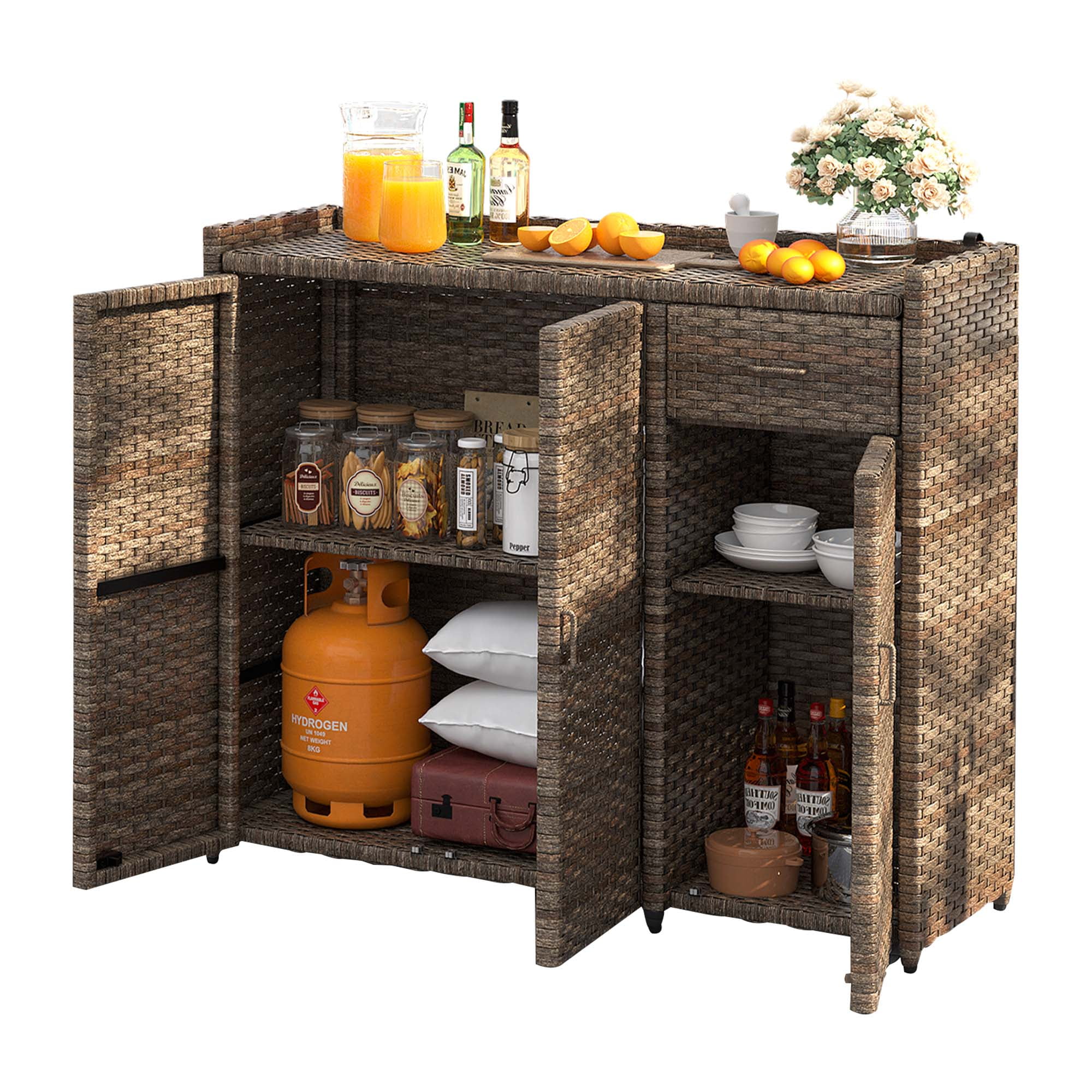 Dextrus Rattan Wicker Patio Organizer Storage Cabinet with 2 Doors, Foldable Drawer, Weather-proof Rattan Bar Table, Storage Box - Brown