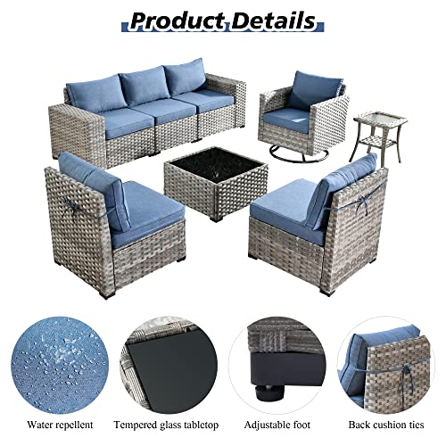 Outdoor Patio Sectional Furniture Sofa Set with Swivel Rocking Chair,8 Piece Modern Wicker Couch with Widened Armrest,Modular Conversation Seating Set for Garden(Orange Red)