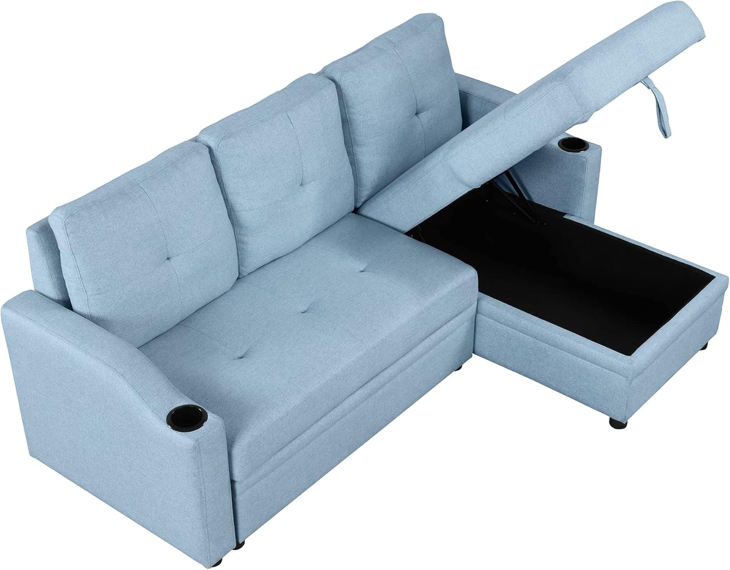 80.3" L-Shape Convertible Sleeper Sofa with Pull-Out Bed, Storage Chaise and 2 Cup Holders, Linen Fabric 3 Seater Upholstered Reversible Couch for Small Spaces Living Room, Blue