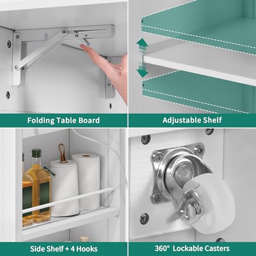 YITAHOME Kitchen Island with Stainless Steel Top & Drop Leaf, 47 Inch Kitchen Island on Wheels with Power Outlet, Rolling Portable Mobile Kitchen Cart w Storage Drawer Cabinet Counter Metal Top, White