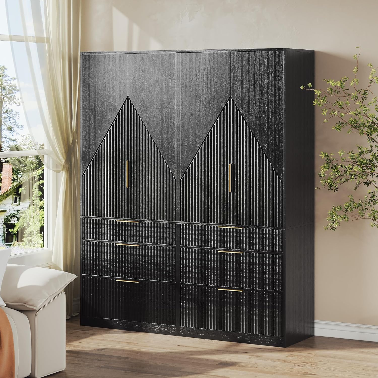 71.7 " Wardrobe Armoire Wooden Closet with 2 Doors and 3 Drawer, Bedroom Armoire with Hanging Rod Shelf, Large Capacity Storage Wardrobe Armoire, Freestanding Wooden Closet Storage Cabinet Black