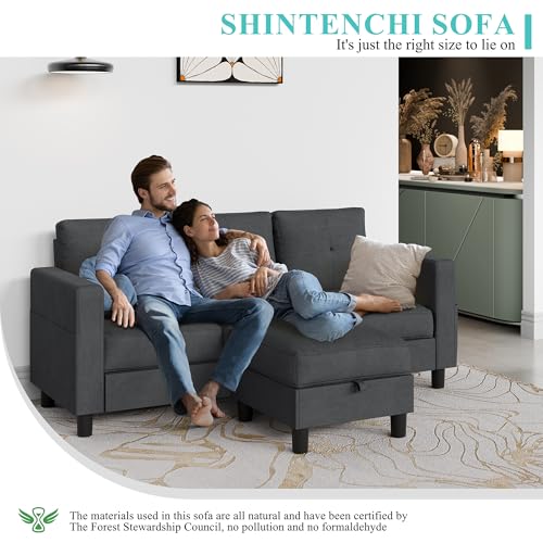 Shintenchi Convertible Sectional Sofa Couch, Modern Linen Fabric L-Shaped, 3-Seat Sofa Sectional with Storage Function Ottoman/Armrest Reversible Chaise for Living Room and Small Space (Black)