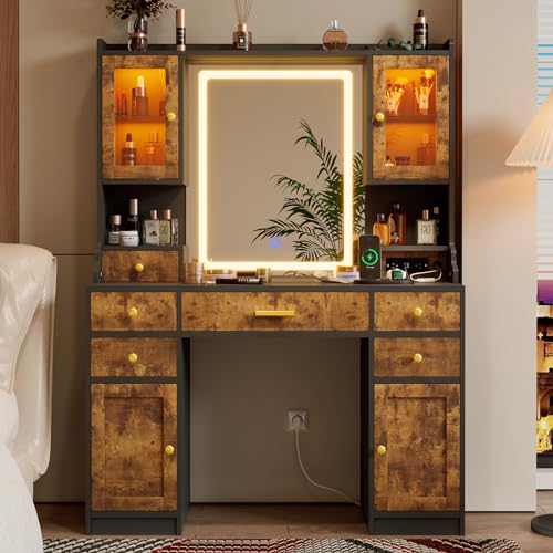 White Makeup Vanity Desk with Mirror and Lights, Large Vanity Table Set with Charging Station, Dressing Table with RGB Cabinets, Makeup Vanity Mirror with Lights Desk and Drawers, 3 LED Lights Modes