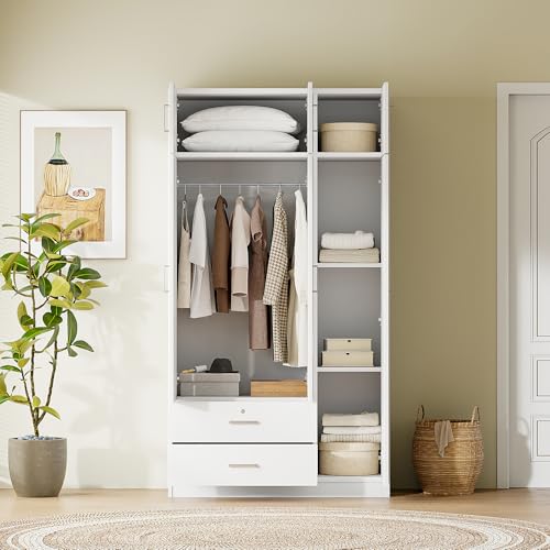 Wardrobe Closet, Wardrobe Closet with Doors, 1 Drawer and Top Cabinet, Modern and Simple Design, Lockable Drawer, Spacious Storage Space, for Bedroom (White,3-Door)