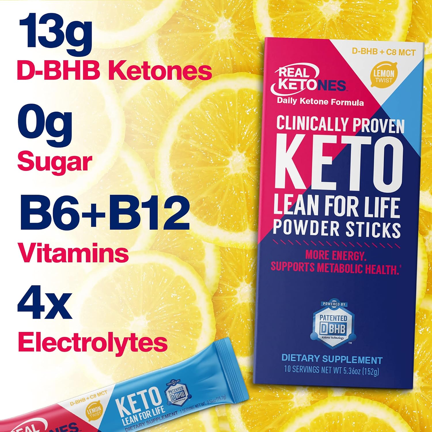Real Ketones Exogenous Keto D BHB + MCT + Electrolytes, Caffeine Free Drink Mix Powder, 30 Packets, Lemon Twist for Rapid Ketosis