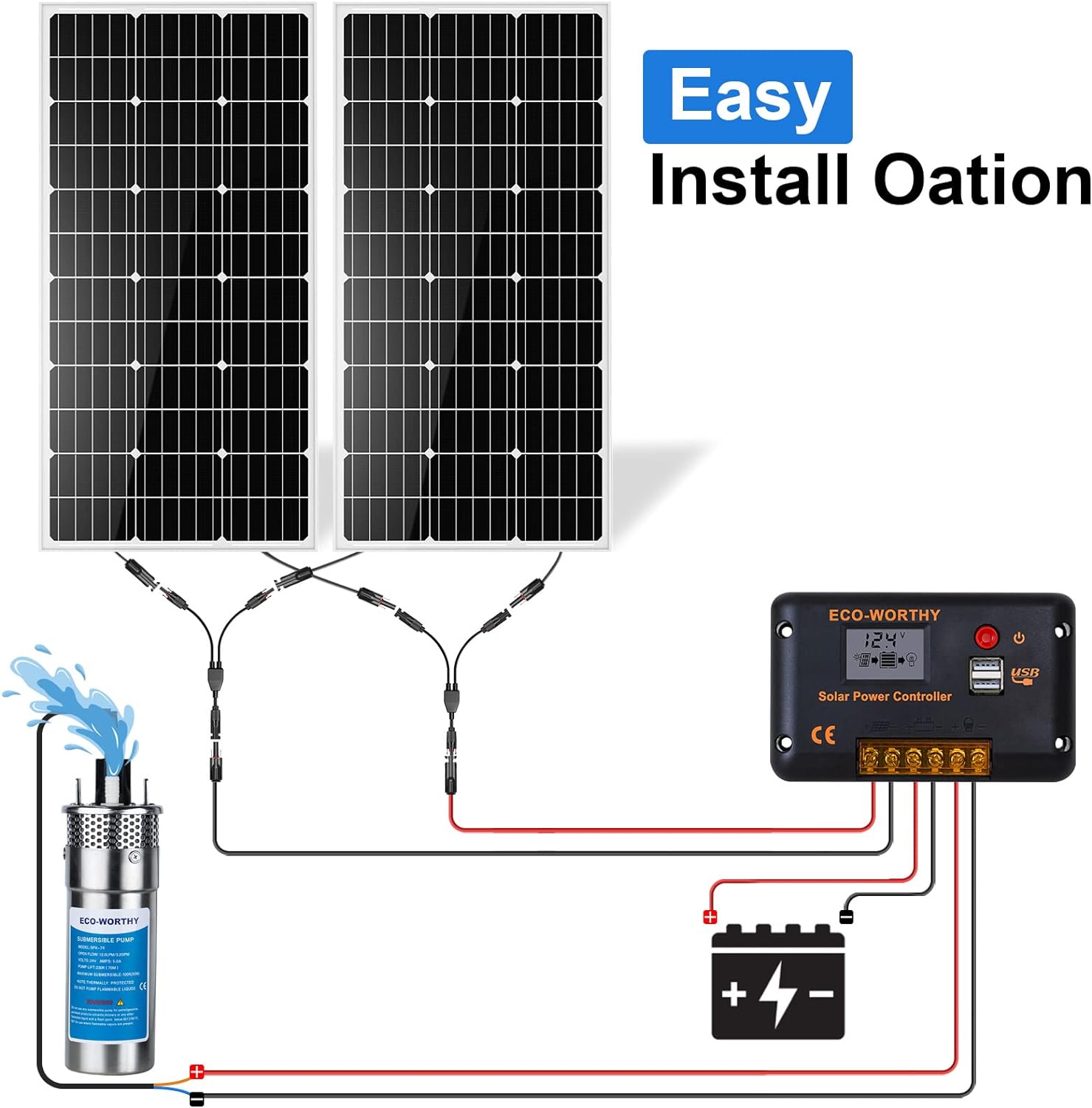 ECO-WORTHY Solar Deep Well Pump System, 12V Water Pump + 2pcs 100W Monocrystalline Solar Panel + 20A Controller +16.4ft Solar Cable for Remote-regions Water Supply,Deep Well, pool, Farm & Ranch