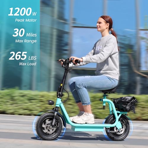 Caroma Peak 800W/1200W Electric Scooter Adults, 30 Miles Max Range, Foldable Electric Scooter with Seat, Front Suspension, Detachable Large Basket,Commuter E-Scooter for Adult and Teens