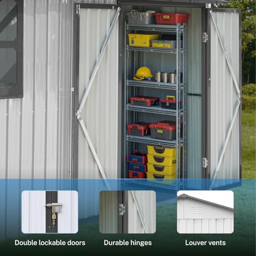 10' x 8' Large Outdoor Storage Shed, Sturdy Metal Building w/Windows & Lockable Doors for Garden, Backyard, Poolside and Lawn, Grey