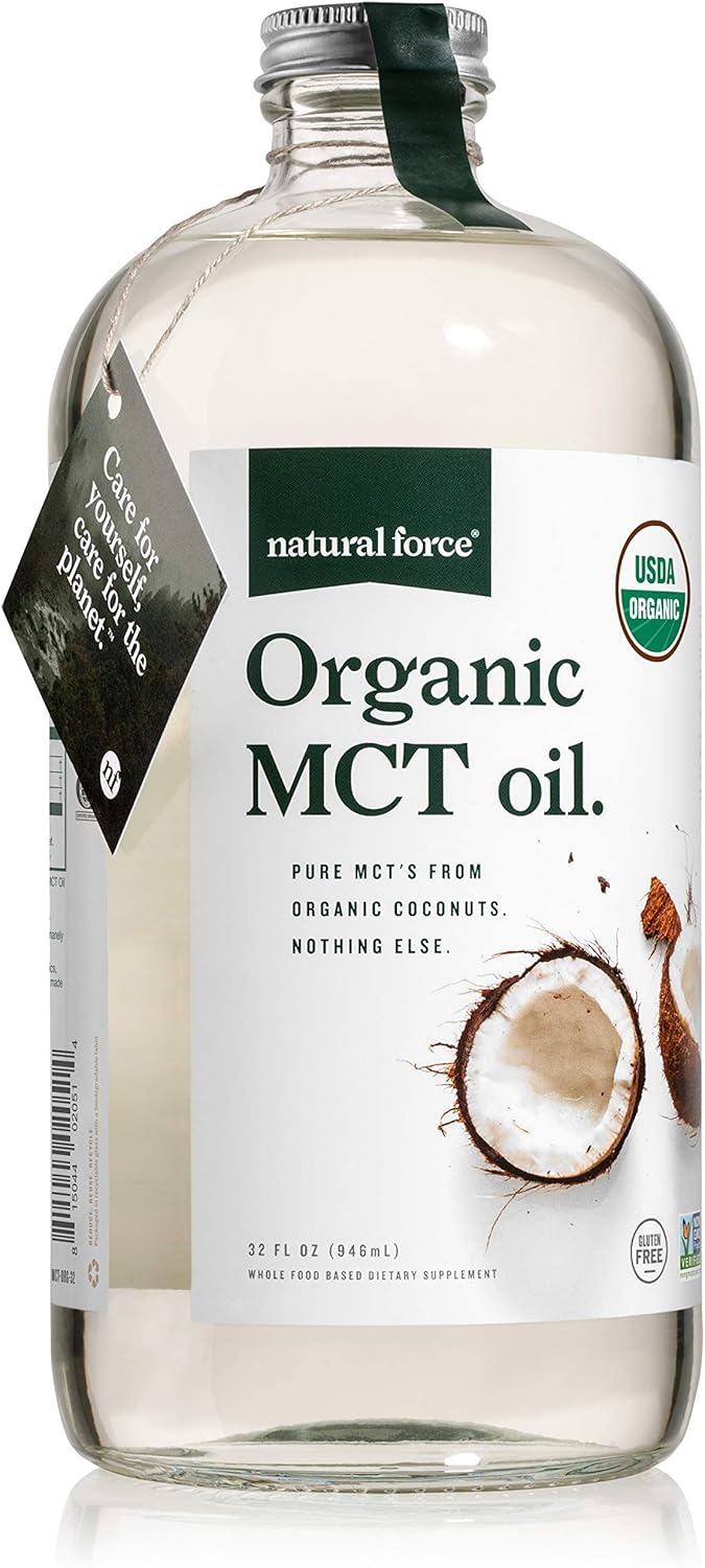 Natural Force Organic Pure C8 MCT Oil – Liquid MCT Oil in Glass Bottle Container – Concentrated Caprylic Acid – Keto, Paleo, Kosher, Vegan & Non-GMO – Lab Tested for Quality and Purity, 32 Ounce Pack of 2