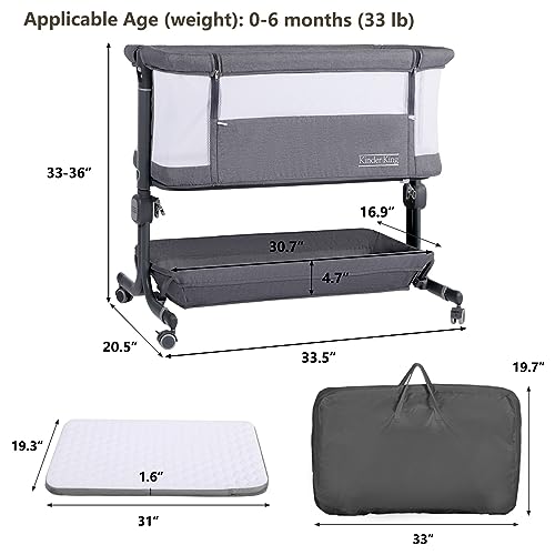 Kinder King Portable Baby Bassinet w/Carry Bag, Newborn Bedside Crib Sleeper, Adjustable Height, All-Sided Mesh Infant Travel Crib, Removable Mattress, Storage Space, No Tool to Assemble, Pink