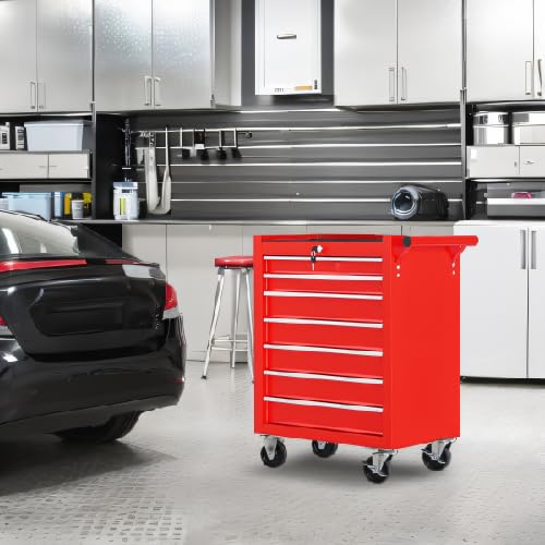 7-Drawer Rolling Tool Chest with Wheels, Heavy Duty Steel Tool Cart for Garage & Workshop, Lockable Storage Cabinet with Brake Casters & Ball Bearing Drawers, Black