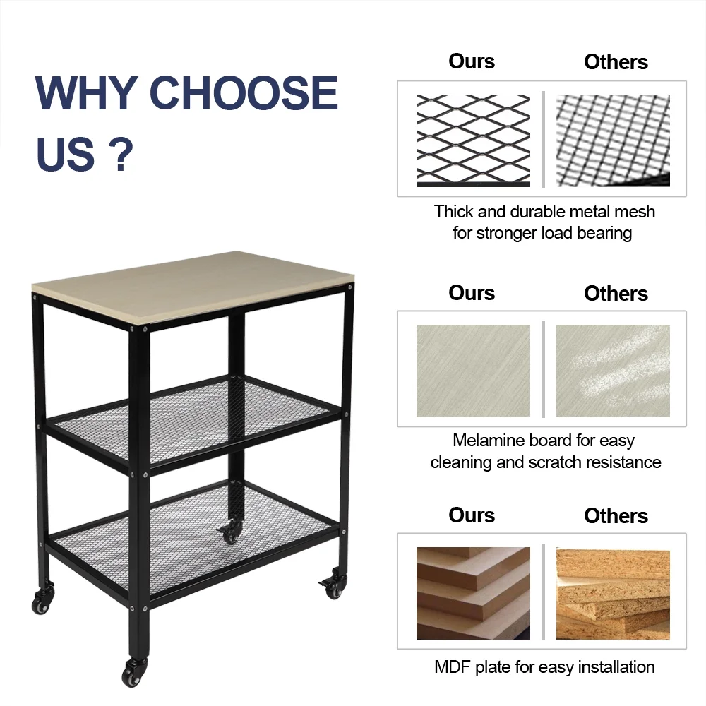 3-Tier Kitchen Microwave Cart, Rolling Utility Cart, Standing Bakers Rack Storage Cart with Metal Frame for Living Room White