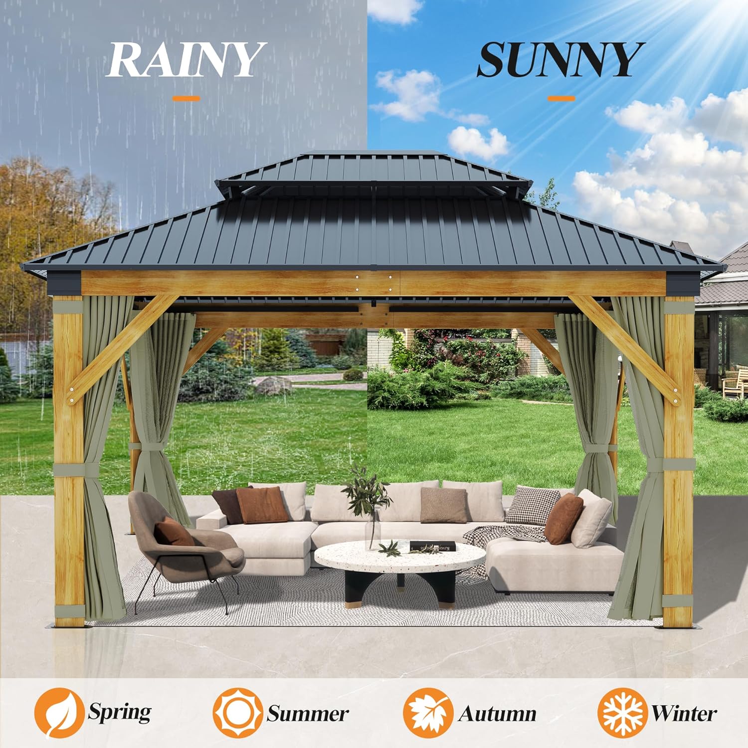 11’x13’ Patio Wooden Gazebo, Galvanized Steel Roof Gazebo with Olive Green Curtains and Netting, Double Vented Roof Hardtop Gazebo for Garden, Porch, Lawn, Poolside, Backyard