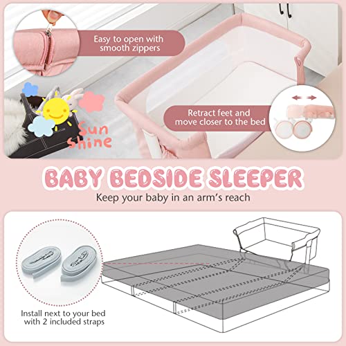 BABY JOY Bassinet Bedside Sleeper, 3 in 1 Folding Crib w/Adjustable Height, Mattress, Lockable Wheels, Storage Pocket & Carry Bag for Infant Newborn, Stationary & Rock, Portable Baby Bassinet (Pink)