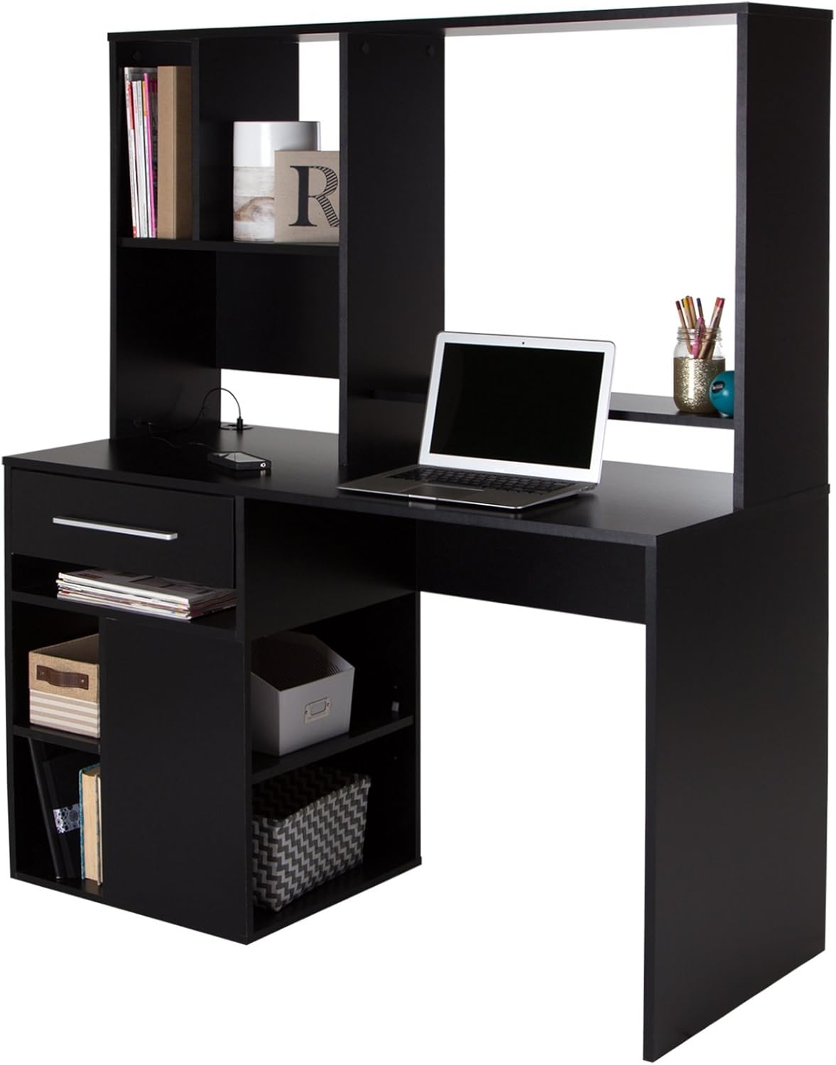 South Shore Narrow Home Office Computer Desk with Hutch, Pure Black