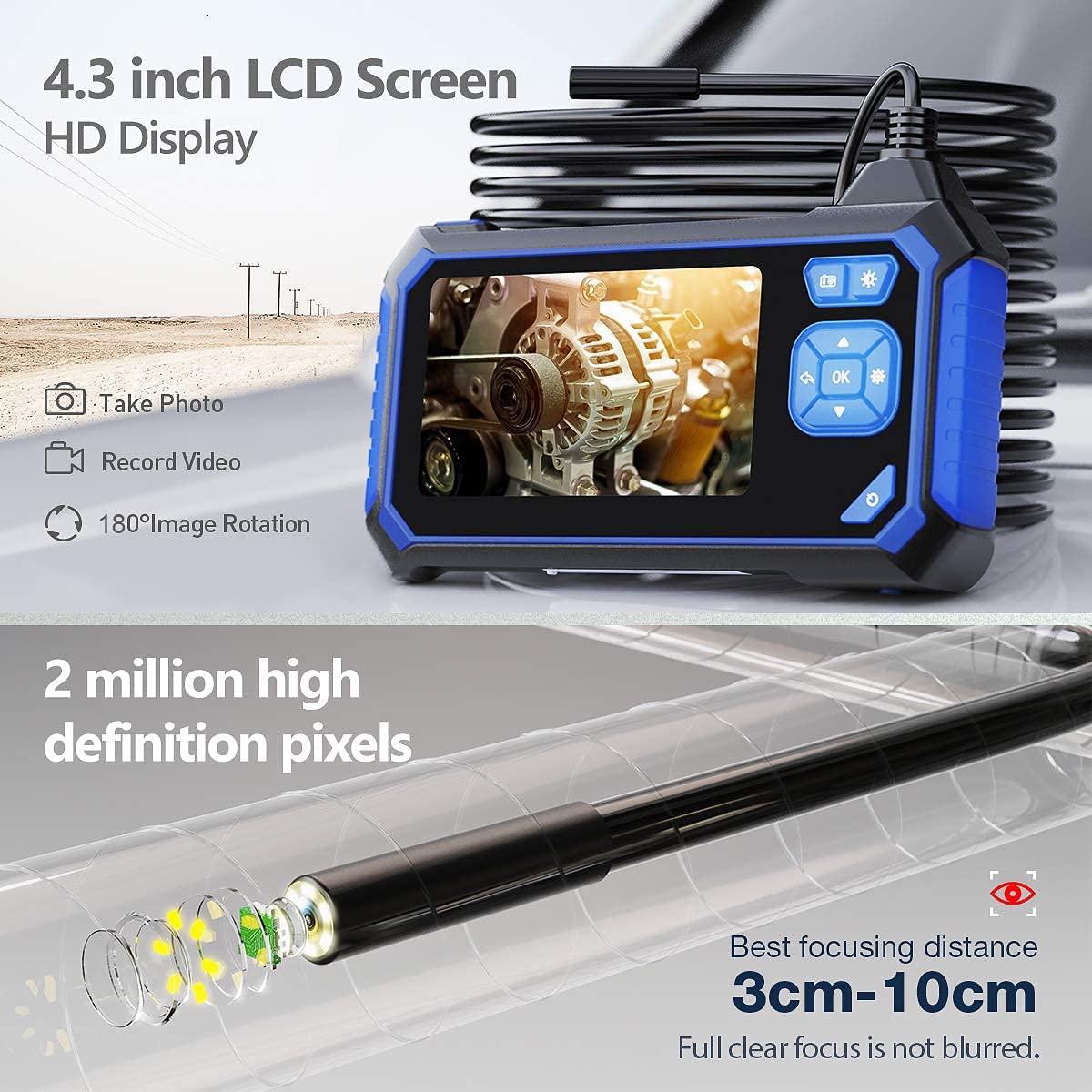 Industrial Endoscope, SKYBASIC Borescope Snake Camera with 32GB Card, IP67 Waterproof Sewer Inspection Camera HD 4.3'' LCD Screen with 6 LED Lights, Semi-Rigid Cable, Four Helpful Tools - 16.5FT