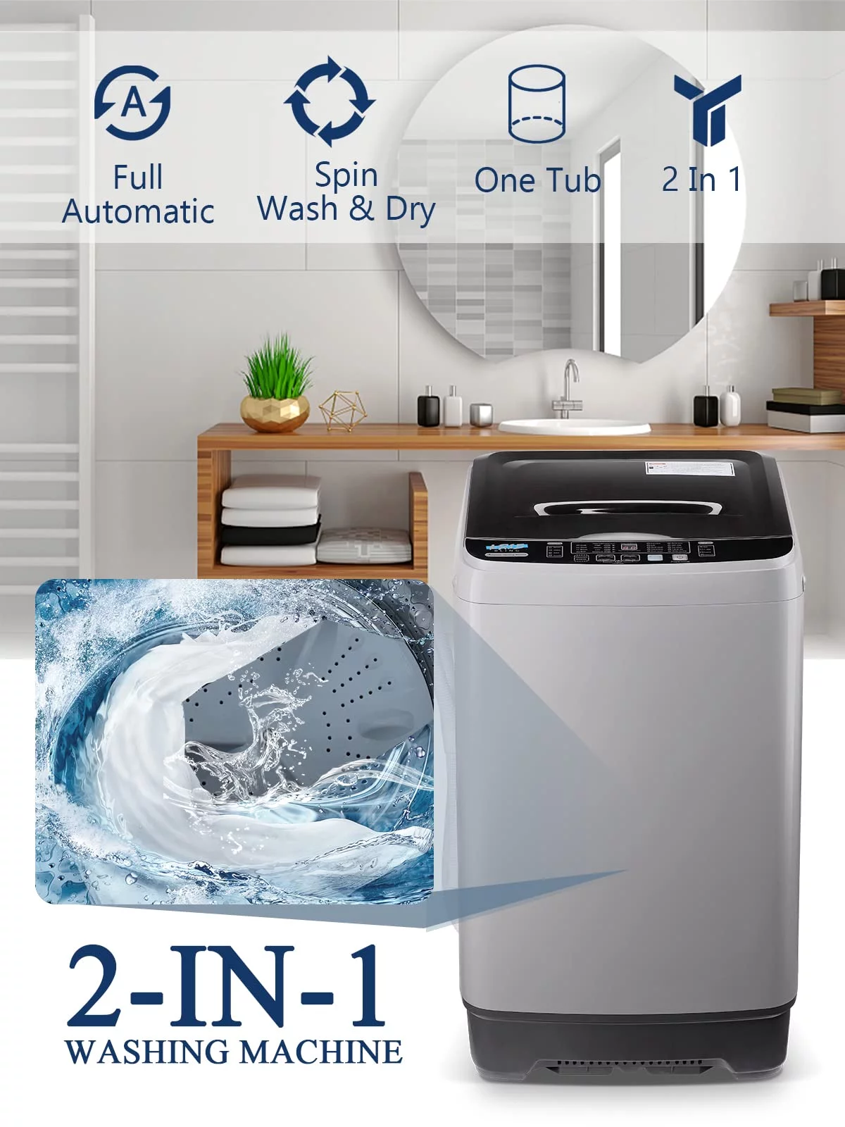 GGTB Compact Washing Machine, 17.6lbs Capacity, 1.9 Cu.ft Portable Washer with LED Display, Fully Automatic Washing Machine with Timed Settings for Apartments, Dorms, Grey