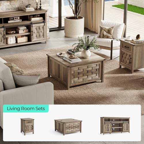 LINSY HOME Farmhouse Coffee Table, 31.5" Square Center Table with Large Hidden Storage, Rustic Cocktail Table with Hinged Lift Top for Living Room, Light Brown