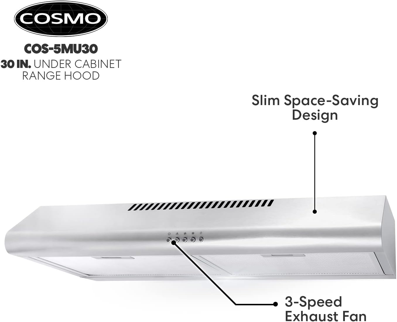 Cosmo COS-5MU36 36 in. Under Cabinet Range Hood Ductless Convertible Duct, Slim Kitchen Stove Vent with 3 Speed Exhaust Fan, Reusable Filter and LED Lights in Stainless Steel, 36 inch