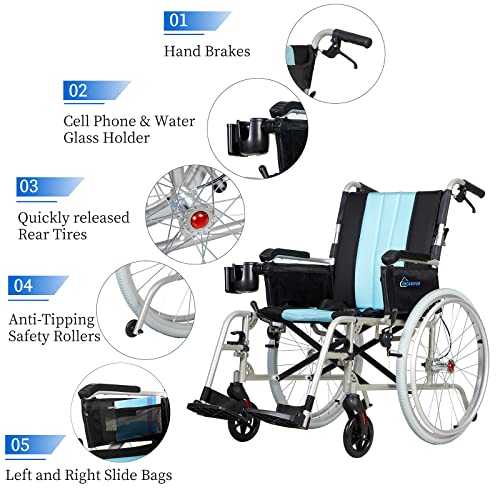13lbs Ultra Lightweight Wheelchair, 20" Wide Seat Wheelchair for Adults, Foldable Portable Magnesium Self-propelled Wheelchair with Travel Bag 2-in-1 Holder Silver