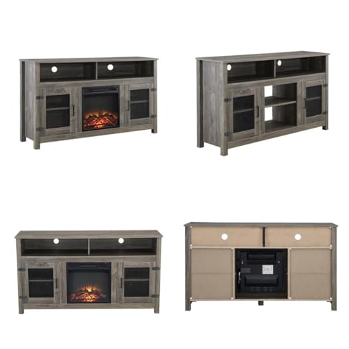 Modern Farmhouse Fireplace TV Stand with Electric Fireplace for Living Room, Media Entertainment Center for TVs up to 65" with Storage Cabinet and Adjustable Shelves, Grey Color