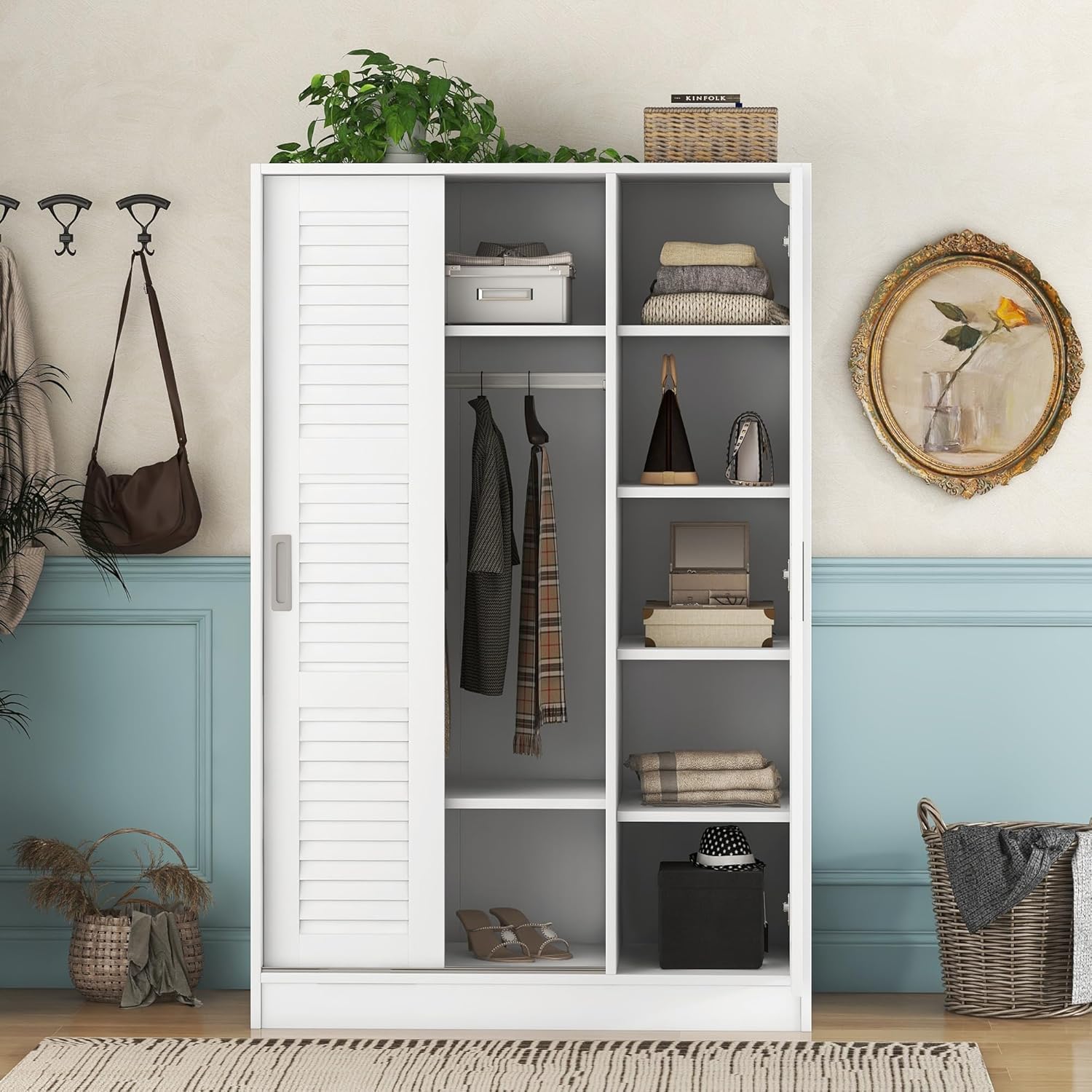 3 Doors Wardrobe Armoire Closet with Storage Shelves and Hanging Rail, Wood Shutter Bedroom Clothes Cabinet Organizer, White