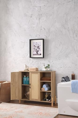 Storage Cabinet, Bathroom Cabinet with Rattan Doors, Bathroom Floor Cabinet with Open Storage & Adjustable Shelf, Coffee Bar, Storage Cabinet for Living Room, Bedroom, Entryway, Natural