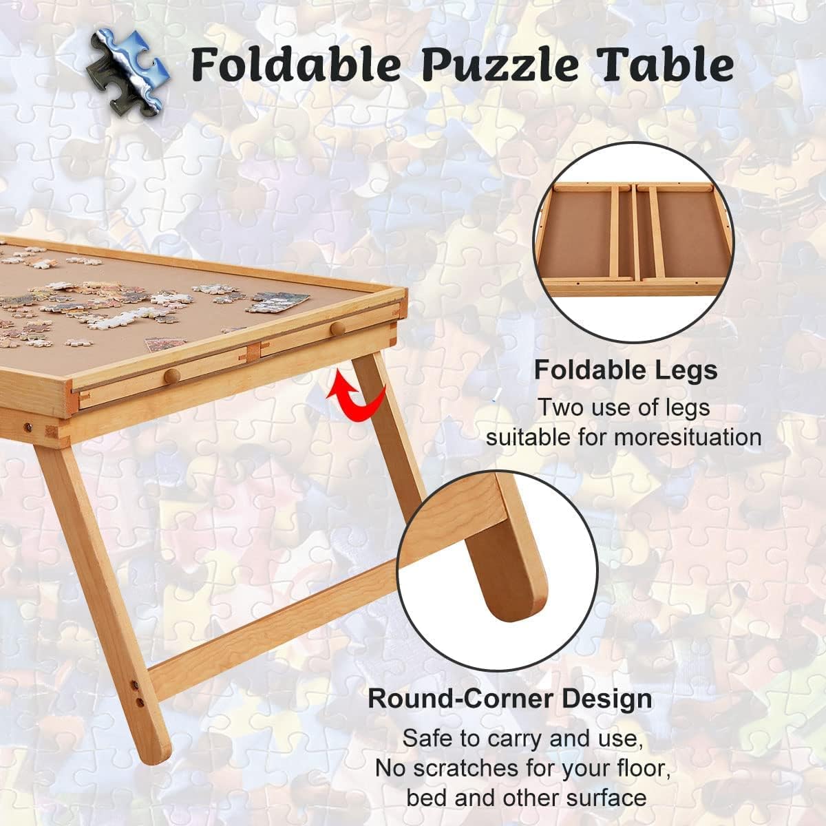 1500 Piece Puzzle Board, 34" x 26" Wooden Jigsaw Puzzle Boards with Folding Legs and 4 Drawers, Smooth Fiberboard Work Surface, Puzzle Tables for Adults, Puzzle Table, Portable Folding Puzzle Tray