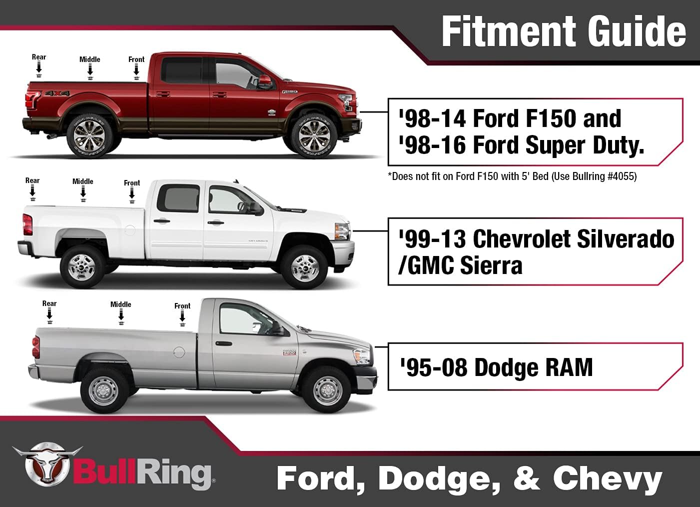 Bull Ring Classic Raised Fit Retractable Tie Down Anchors for '98-14 Ford F150, 98-16 Ford Super Duty, 88-13 Chevrolet Silverado and GMC Sierra, 95-08 Dodge RAM (2 Pairs)