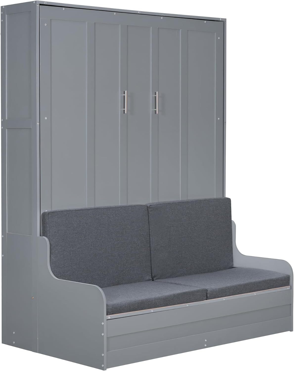 Queen Size Murphy Bed Chest with Upholstered Headboard, Solid Wood 87 "H Murphy Wall Bed Cabinet Bed with Cushion Seat for Guest Room Home Office, Space-Saving Design (Gray)