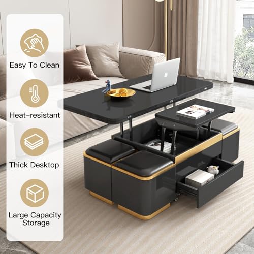 Multifunction Lift Top Coffee Table, Rectangle Folding Table with Storage and 4 Stools for Living Room, 3 in 1 Coffee to Dining Table Convertible, Modern Table That Lifts Up and Down, Black