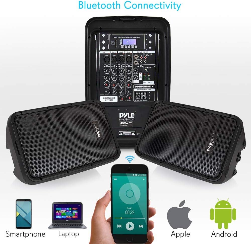 PA Speaker DJ Mixer Bundle - 300 W Portable Wireless Bluetooth Sound System w/ USB SD XLR 1/4 RCA Inputs - Dual Speaker, Mixer, Microphone, Stand, Cable - Home/Outdoor Party - Pyle PPHP28AMX,Black