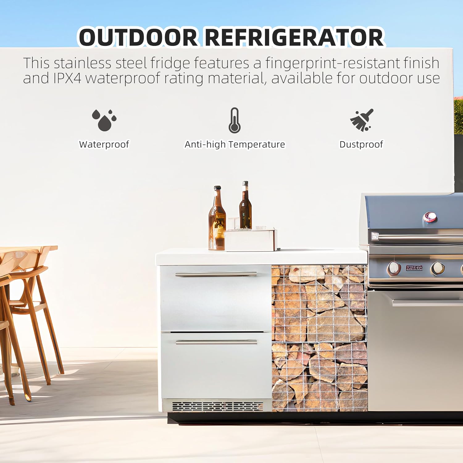 24 Inch Under Counter Drawer Fridge, Outdoor Undercounter Refrigerators for Patio with Weatherproof Full Stainless Steel Body, Built in Wine & Beverage Refrigerator for Home and Commercial