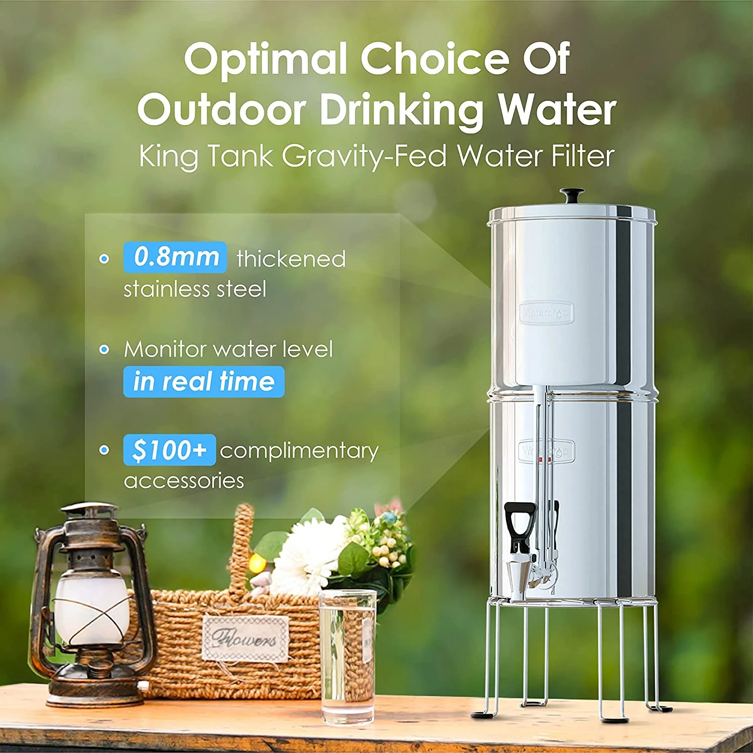 Waterdrop WD-TK-FS Gravity-fed Water Filter System, 2.25-gallon Stainless-steel System, with 4 Filters, Metal Water Level Spigot and Stand, Reduces up to 98.95% of chlorine&Bad Taste-King Tank Series