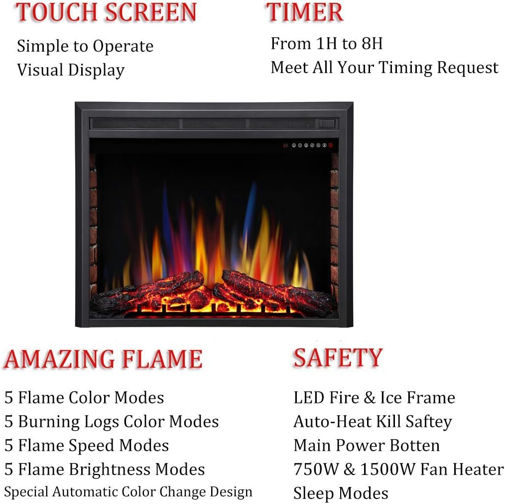 R.W.FLAME 32" Electric Fireplace Insert,Freestanding & Recessed Electric Stove Heater,Touch Screen,Remote Control,750W-1500W with Timer & Colorful Flame Option