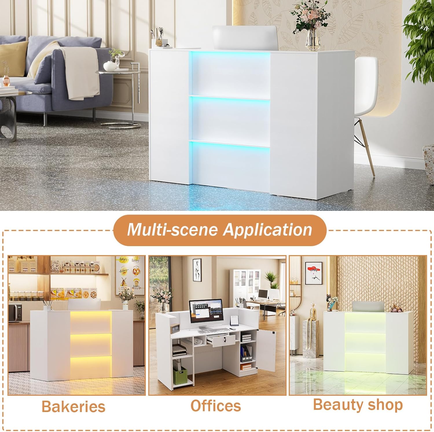 PAKASEPT 63 Inches Reception Desk, Front Desk with RGB LED Lights, Modern Reception Desk with Counter & Lockable Drawer & Open Shelves, Large Counter Table for Office Hotels, Flower Clothing Shops