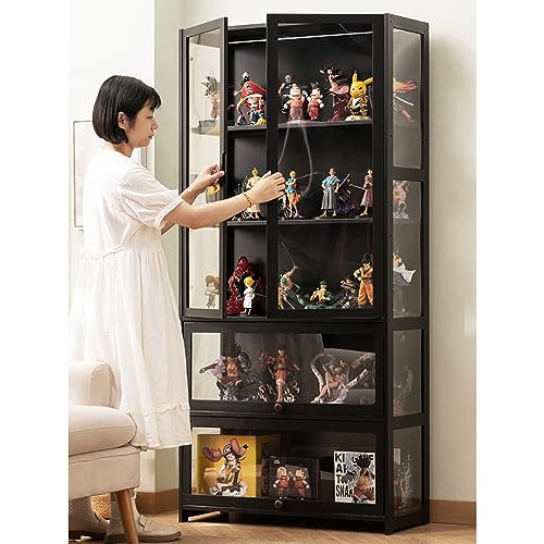 Display Cabinet 5-Shelf with Acrylic Door, Curio Cabinets Upgraded Cabinet Door Display Shelf Bamboo Storage Floor Standing Bookshelf for Bedroom, Living Room, Quick-Install Style 1-5-65cm