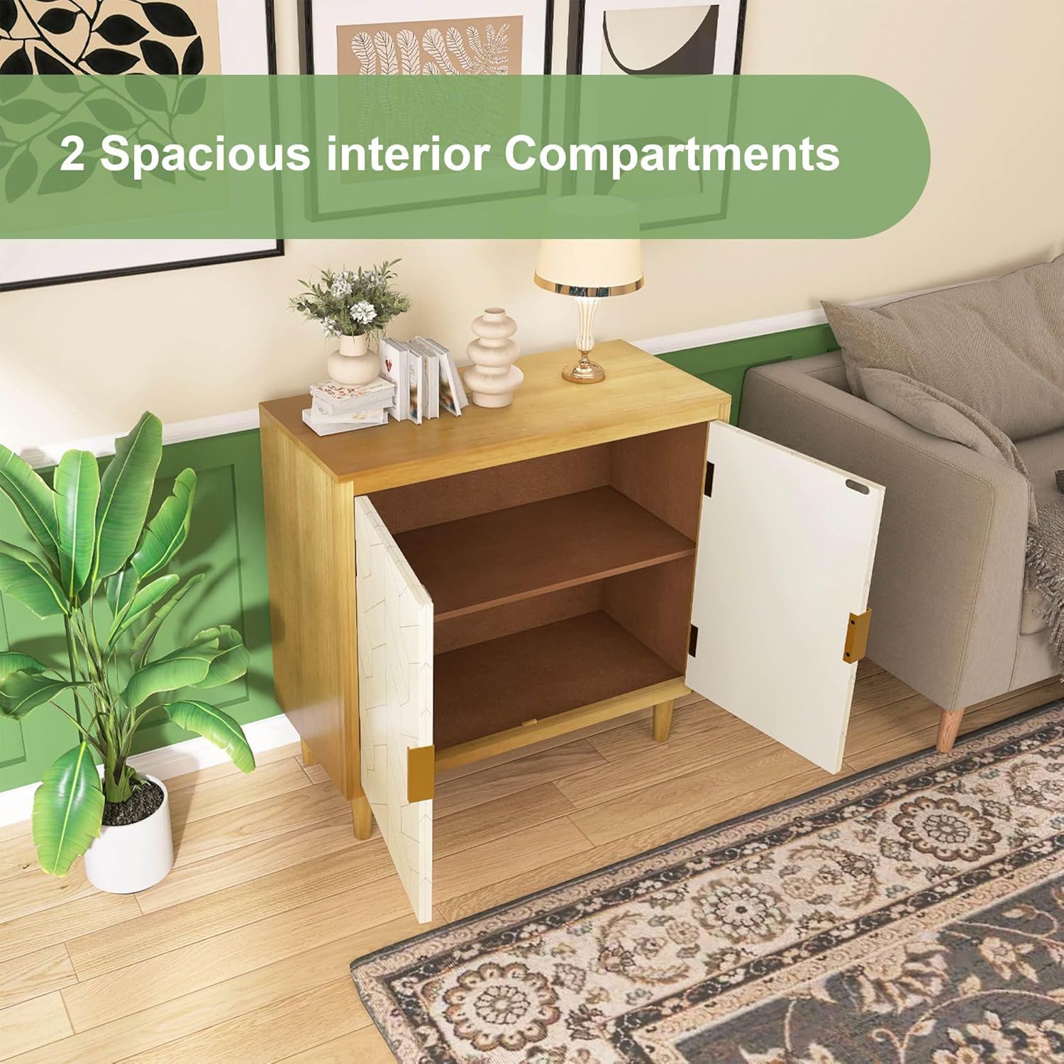 Hand-Carved Sideboard Buffet Cabinet, Storage Cabinet with Solid Pine Legs, Buffet Cabinet with Storage, Coffee Bar Cabinet MDF Accent Cabinet for Living Room, Dining Room, Caramel Oak