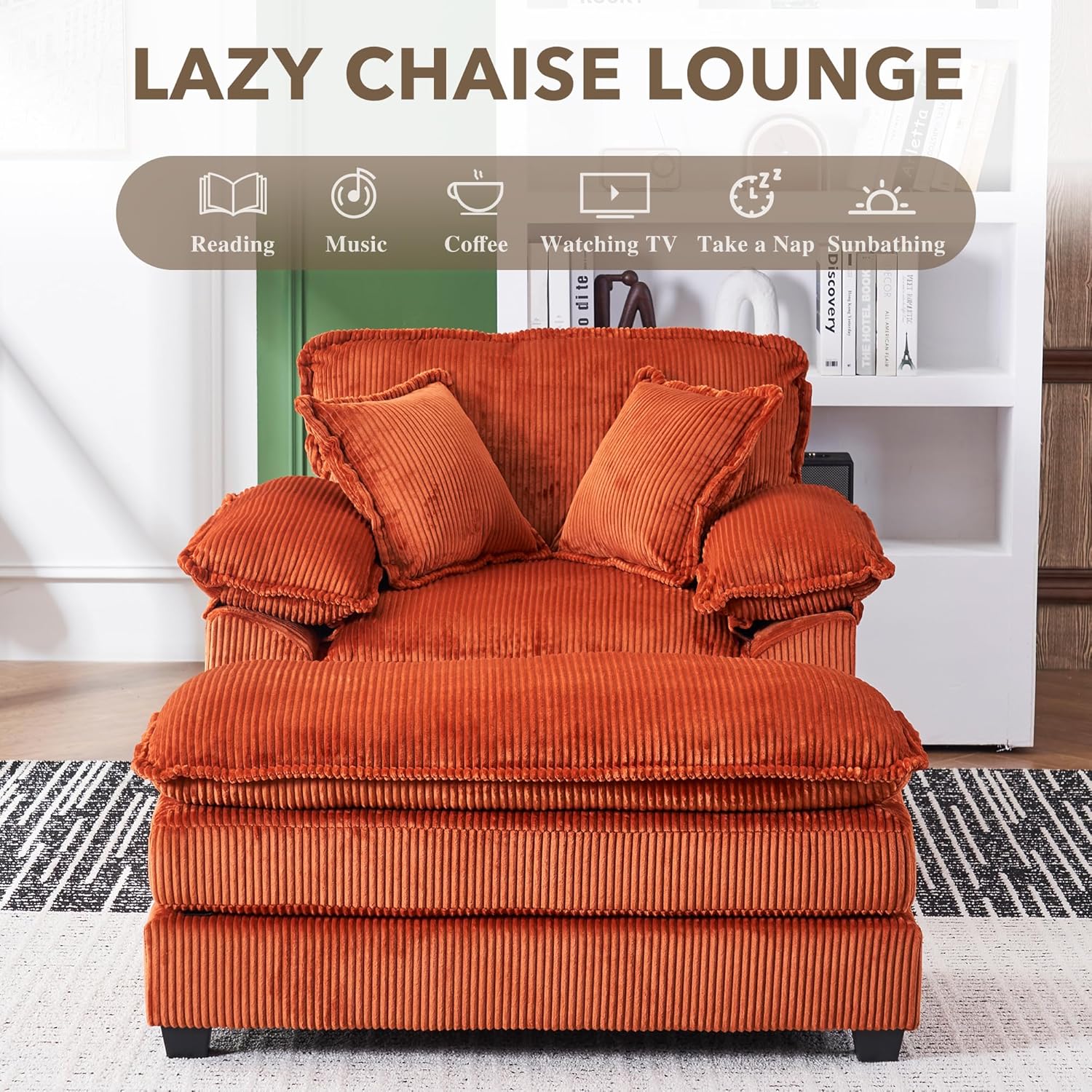 56.3'' Oversized Chaise Lounge Indoor, Wide Corduroy Single Sofa Chair with Ottoman, Plush Upholstered Deep Seat, Lazy Sleeper Sofa for Living Room, Apartment, Salon, Home Theater, Orange